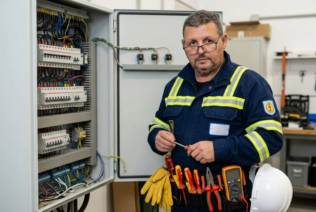 Eletricista profissional realizando manutenção em quadro de distribuição em Carapicuíba